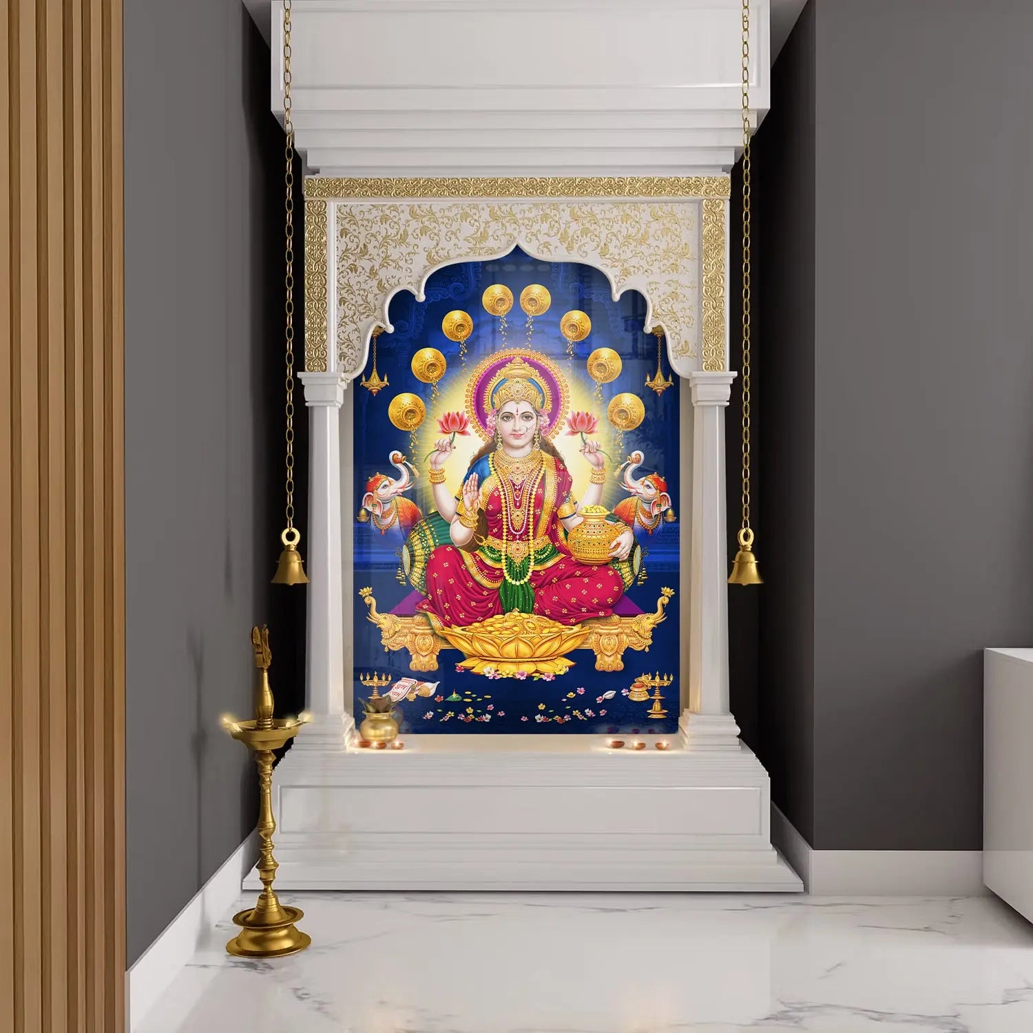 Maa Laxmi Golden Kalash Pooja Mandir Vivid Wall Art Acrylic